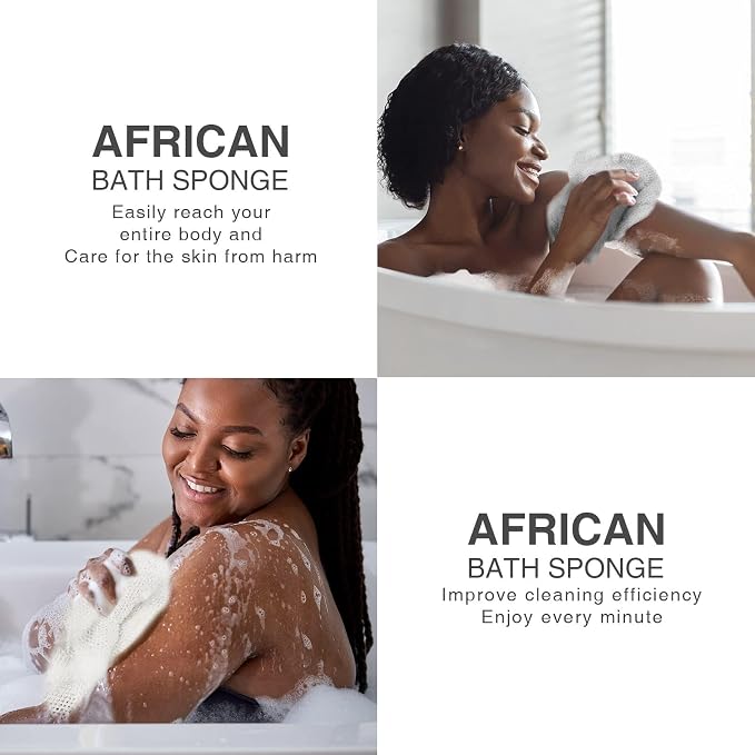 UJFQBH 3 Pieces African Bath Sponge African Net Long Net Bath Sponge Exfoliating Shower Body Scrubber Back Scrubber Skin Smoother,Great for Daily Use (Purple,Blue,Off-White)
