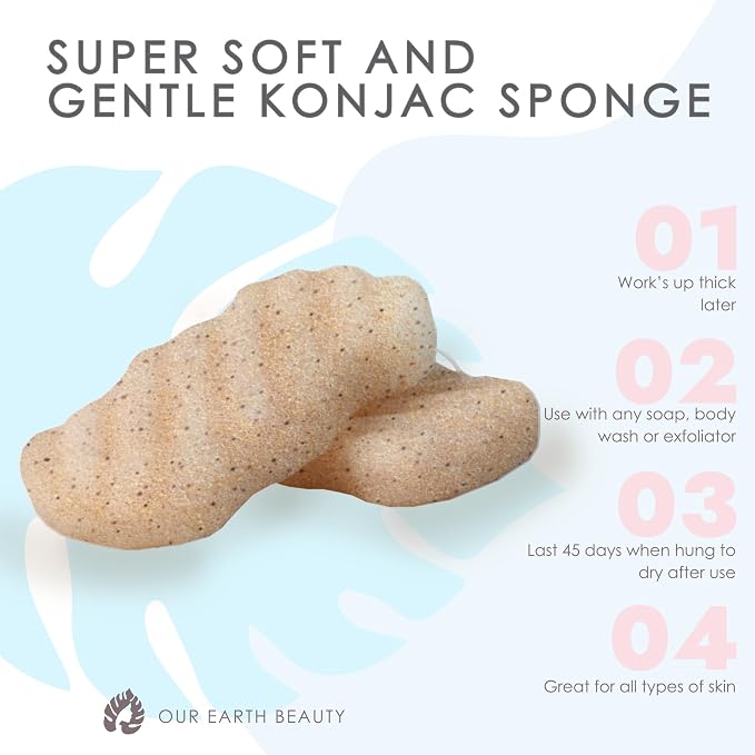 Konjac Sponge Body (2 Pack) Exfoliating Walnut | Microplastic Free 100% Natural | Non-Toxic | Biodegradable | Eco-Friendly | Plastic Free Packaging