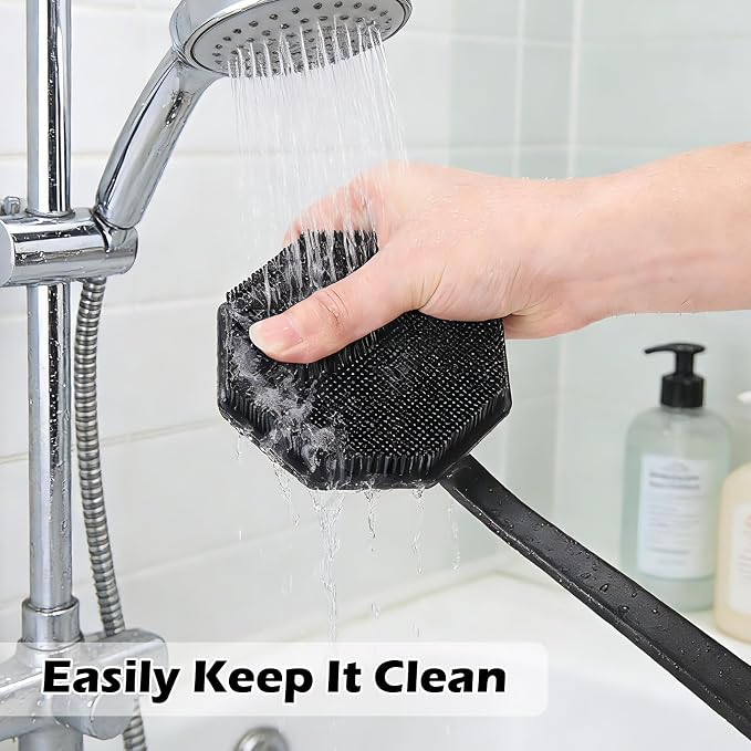 HOKLNUSE Silicone Back Scrubber with Anti-Slip Long Handle Mild Exfoliating Body Shower Brush Soap Applicator Durable Back Scratcher Bath Shower Accessories for Men Women