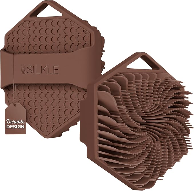 SILKLE Silicone Body Scrubber Exfoliator, Shower Scrubber & Silicone Loofah | Exfoliating Body Scrubber, Non-Slip Grip - Silicone Bath Brush & Shower Brush for Body, Quick-Rinse One-Piece Design - Brown