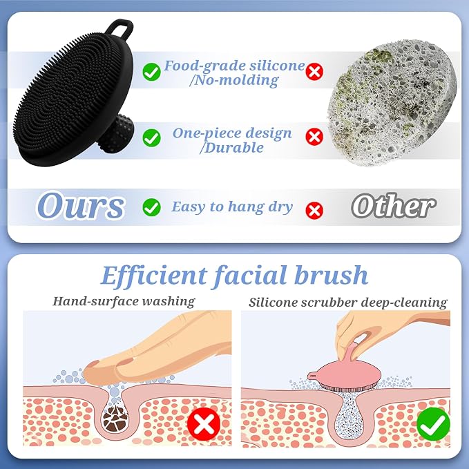 Silicone Face & Back Scrubber Set, Manual Face & Body Scrubber Exfoliator with Soft Bristles and Non-Slip Handle, Back Brush Bath Brush with 2 Detachable Brush Heads(3PCS Black Set)