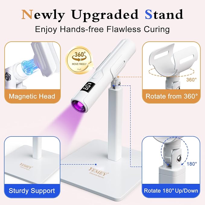 UV Nail Lamp with Premium Stand, YEMEY Handheld UV Light for Gel Nails | Mini Cordless UV/LED Nail Lamp for Gel Polish with LCD Display & Eye-Protection Cover, Flash Cures All Soft Gels (White)