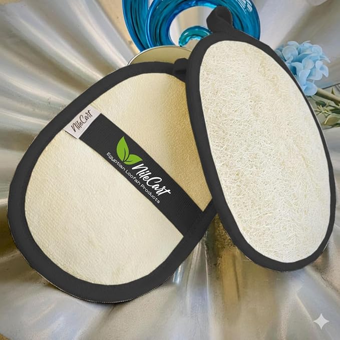 NileCart Natural Loofah for Men, Black, 2 Pack | Egyptian Luffa Sponge Pads - Natural Body Exfoliator Scrubber for Bath & Shower