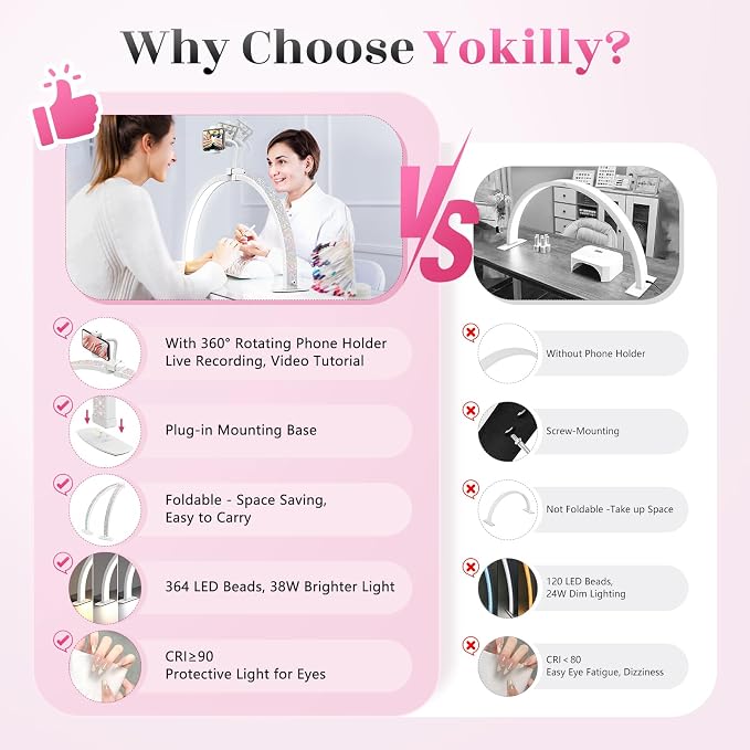 Yokilly Half Moon Light for Nail Desk: 29" Foldable Nail Light for Desk | AB Diamonds Arch Nail Tech Light with Phone Holder for Beginner - 3 Color Modes & 10 Brightness for Manicure Salon