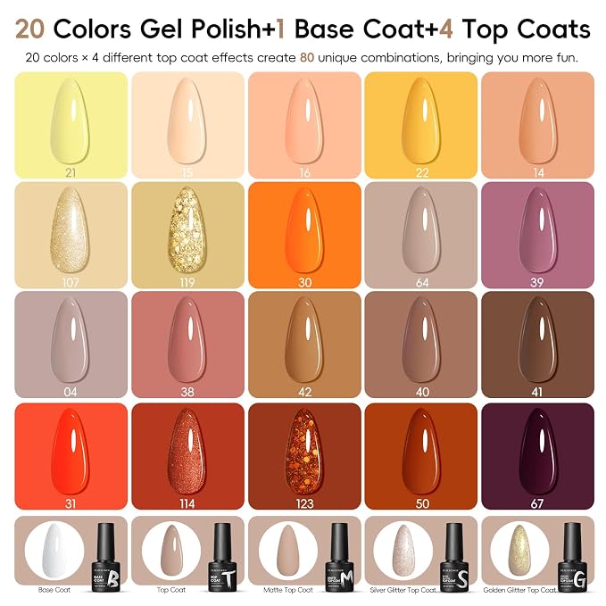 Peacecolor Fall Gel Nail Polish Set, 26PCs Gel Polish Kit 20 Colors Glitter Brown Red Orange 5PCs Matte/Glossy/Glitter Top Base Coat Nail Files Manicure Starter Kit Gifts for Women