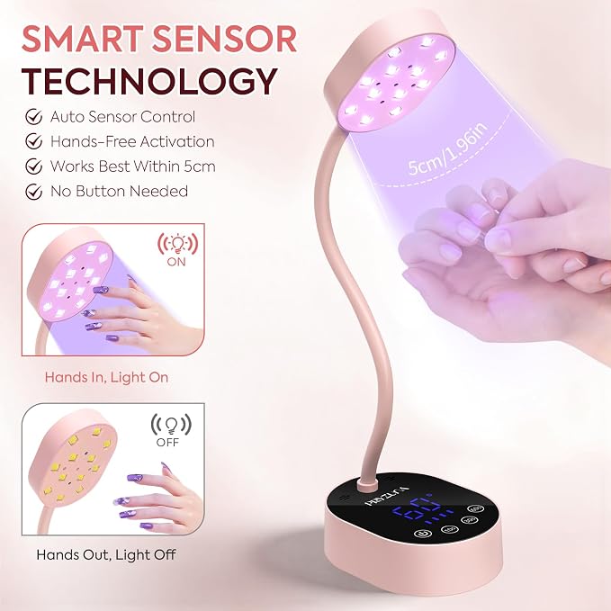 UV LED Nail Lamp, Gooseneck Gel X Mini Flash Cure Lamp, 36W Cordless Portable USB Rechargeable Nail Dryer with Auto Sensor, 4 Timers & LCD Display for DIY Home Manicure (Pink)