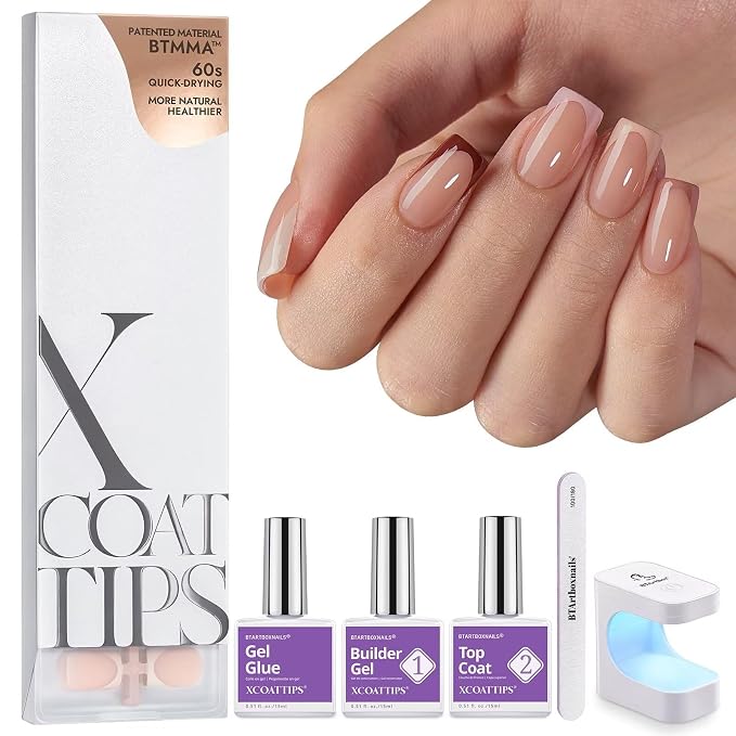 BTArtboxnails XCOATTIPS SkinTone French Tip Press On Nails Kit, M Almond | Lamp-Curable, 4-Week Wear, Salon Quality Value at Home, 160 Nail Tips, Glue, Builder Gel, Top Coat, Nail Lamp, All-in-one Kit