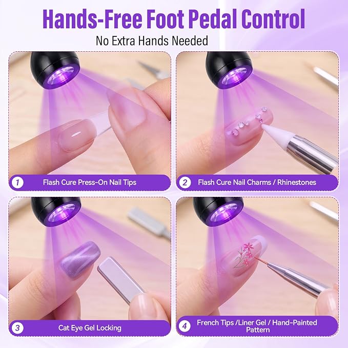 3W Flash Cure Nail Lamp with 365+405nm Dual Wavelength, UV LED Flash Cure Nail Light with Foot Pedal, Goose Neck and Stand for Gel X, Building Gel, Press on Nail