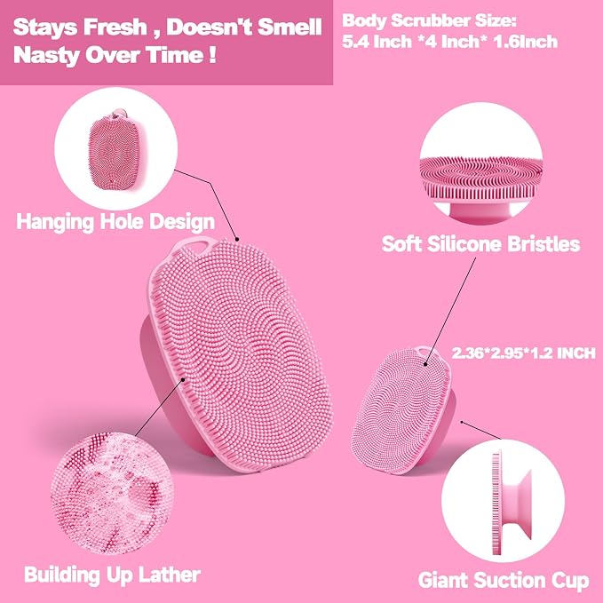 Soft Silicone Body Scrubber, Face Scrubber Silicone, Gentle Texture Exfoliating Body Scrubber for Men and Women On Sensitive Skin, Back Large Suction Cup for Easy Dry and Store (Pink)