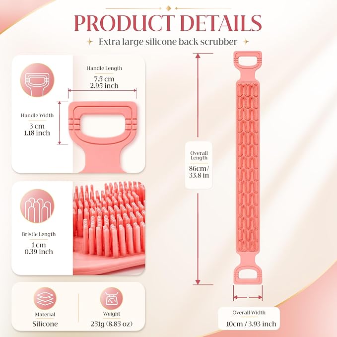 Manmihealth Silicone Back Scrubber for Shower Pink | 33.8'' Exfoliating Body Scrubber with Long Strap Handle, Dual-Sided Extendable Back Washer for Men and Women