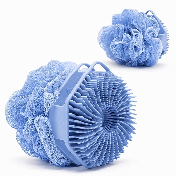 2-in-1 Silicone Body Scrubber & Mesh Loofah Sponge – Exfoliating Silicone Shower Scrubber with Soft Loofa Puff, Bristles, Non-Slip Grip, Quick Dry, Hygienic Body Scrubber for Women & Men