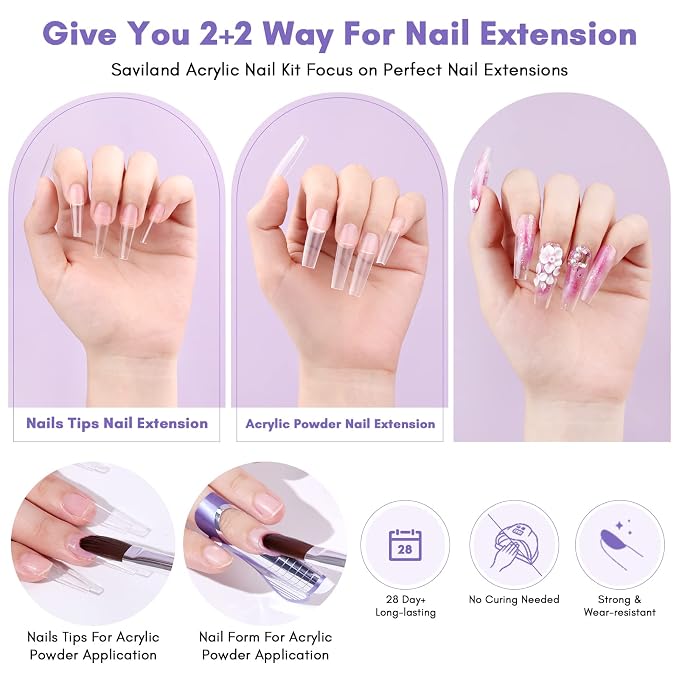 SAVILAND Acrylic Nail Kit with Drill: 15g White Pink Clear Acrylic Powder and Liquid Set with False Tips Nail Forms Brushes Primer Top Gel Manicure Tools Kit with Everything for Beginners Home DIY | Acrylic Nail Powder and Liquid, False Tips Forms Brus...