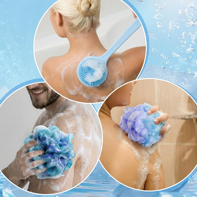 Qinyoung 4 Pcs Loofah Sponge with Soft Silicone Back Scrubber for Shower 15'' Long Handle Body Brush Exfoliating Bath Sponge for Women Men, Body Scrub, Shower Pouf Bath Accessories Soap, Blue
