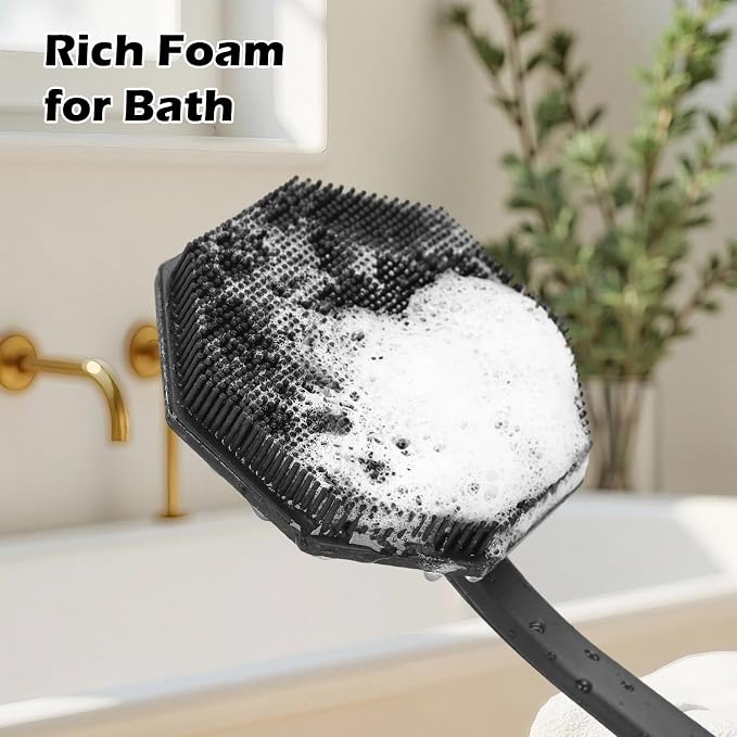 HOKLNUSE Silicone Back Scrubber with Anti-Slip Long Handle Mild Exfoliating Body Shower Brush Soap Applicator Durable Back Scratcher Bath Shower Accessories for Men Women