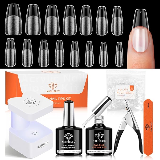 modelones X Nail Gel Kit Medium Coffin, Upgrade 510Pcs Fake Nails, 9-in-One Glue Prep Dehydrator & Portable Mini U V Light Acrylic Clipper, Coffin Tips Extension Kit for DIY Salon Home Gifts | Upgrade 510Pcs Medium Coffin Fake Nails Coffin Tips Extensi...