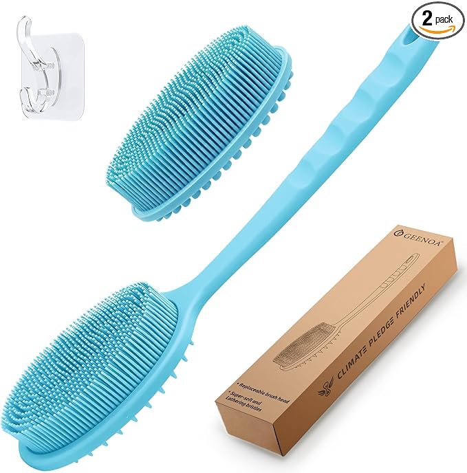 Silicone Back Scrubber for Shower, Gentle Exfoliating Body Scrubber & Back Washer with Handle, Silicone Loofah with Two Dual-Side & Replaceable Brush Heads(Blue-Two Heads)
