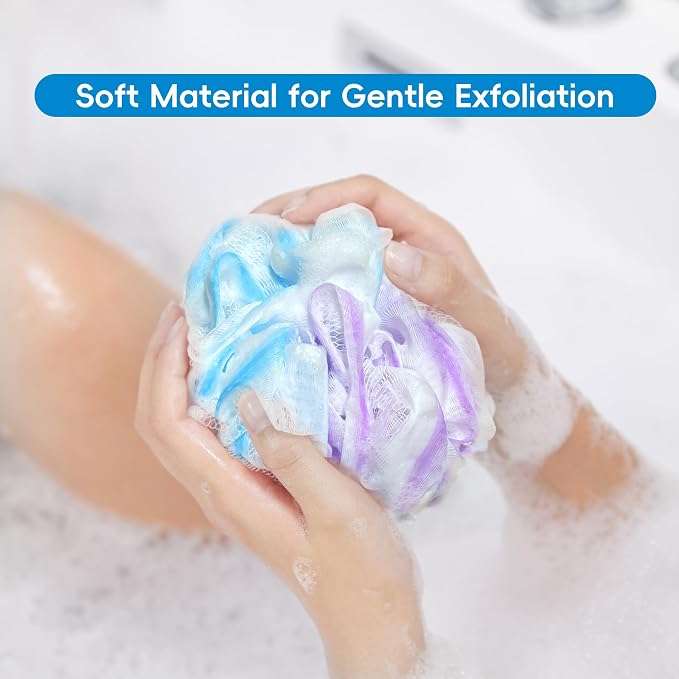 Shower Loofah 4PCS Soft Bath Body Sponge 60g Loofa Set Thick Wash Puffs for Women and Men (Purple-Blue-Green-Mixed)