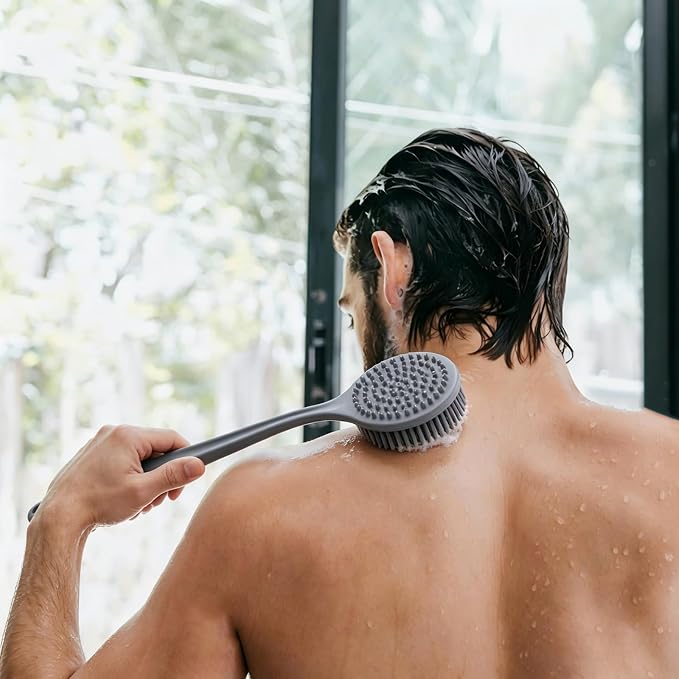 Silicone Back Scrubber for Shower, 17in Lengthen Long Handle Body Brush, Double Sided Shower Brush for Shower Exfoliating and Massage,Includes 2 Hooks(Grey)