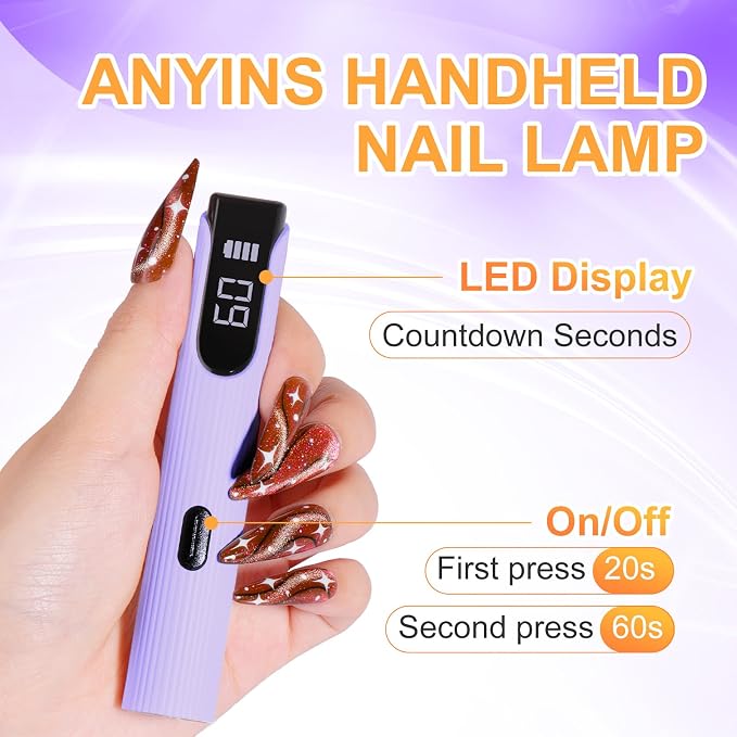 Handheld UV Light for Gel Nails, Purple Gel Light for Nails Cordless Nail Lamp with LCD Display Fast & Even Curing for All Gel Types Rhinestone Glue Decoration DIY at Home Salon, Travel
