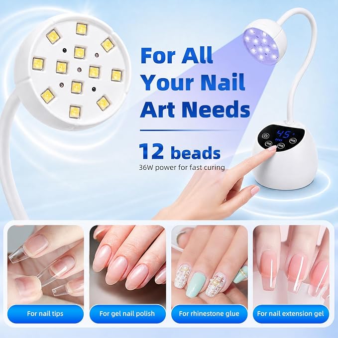 UV Nail Lamp, 360° Gooseneck Flash Cure Nail Lamp | 36W, 12 LEDs,4 Timers & Auto Sensor, Cordless UV Nail Light for All Gels Salon Home DIY,White