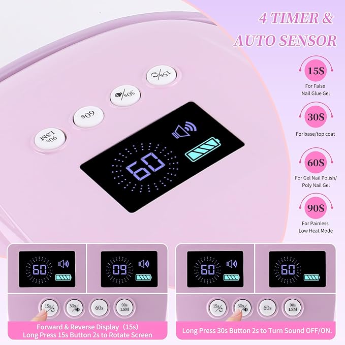 126W Rechargeable UV LED Nail Lamp, Portable Cordless Nail Dryer with Auto Sensor and 4 Timer Settings, Professional Curing Lamp for Gel Polish and Salon (Purple)