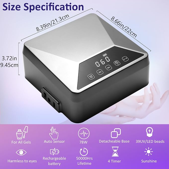 Rechargeable 78W UV LED Nail Lamp for Gel Nails, Cordless Nail Dryer with Hidden Telescopic Stand for Hands & Feet,15600mAh Battery,30/60/99/180s Custom Timer,Mirror Base,Lock Screen for Salon Home
