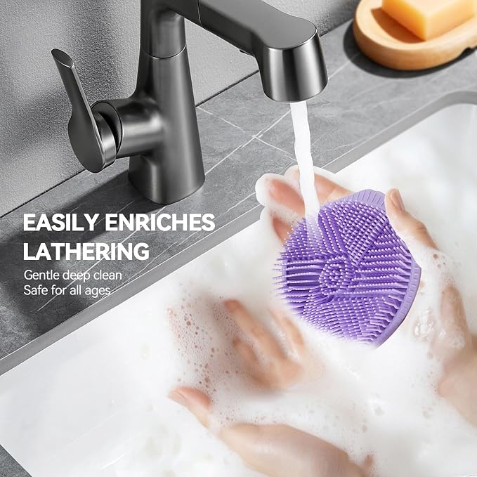 Dual-Sided Silicone Body Scrubber, Silicone Loofah for Shower Exfoliating Body Brush Scrubber for Men and Women for All Skin, Scalp Massager Lather Well＆Easy to Clean (Purple)