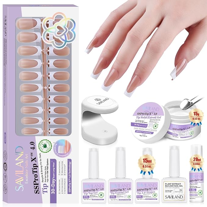 SAVILAND Press On Nails For Women: Gel Nail Kit Soft Gel Long Square Press Ons Nude Fake Nails 16 Sizes Long Lasting with Solid Nail Glue and Remover Bond Primer Builder Gels U V Lamp Tool
