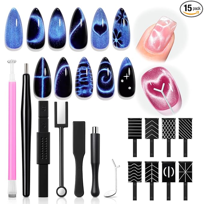 Modelones Cat Eye Magnet 15PCS Multi-shape Cateye Gel Polish Nail Art | Heart Moon Flower Square Effects with Bead-Attracting Nail Art Tool, UV/LED Lamp Required, DIY Nail Art