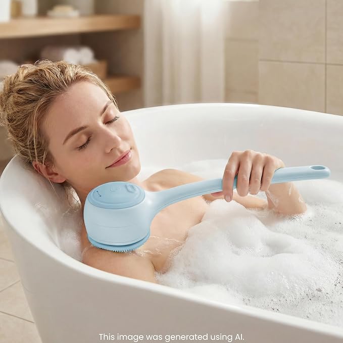 Electric Body Brush Back Scrubber for Shower，5 Replaceable Heads and Hook,Waterproof Long Dual Handle Power Body Scrubber 2 Speeds, for Cleansing Body, Exfoliating and Massaging Skin.