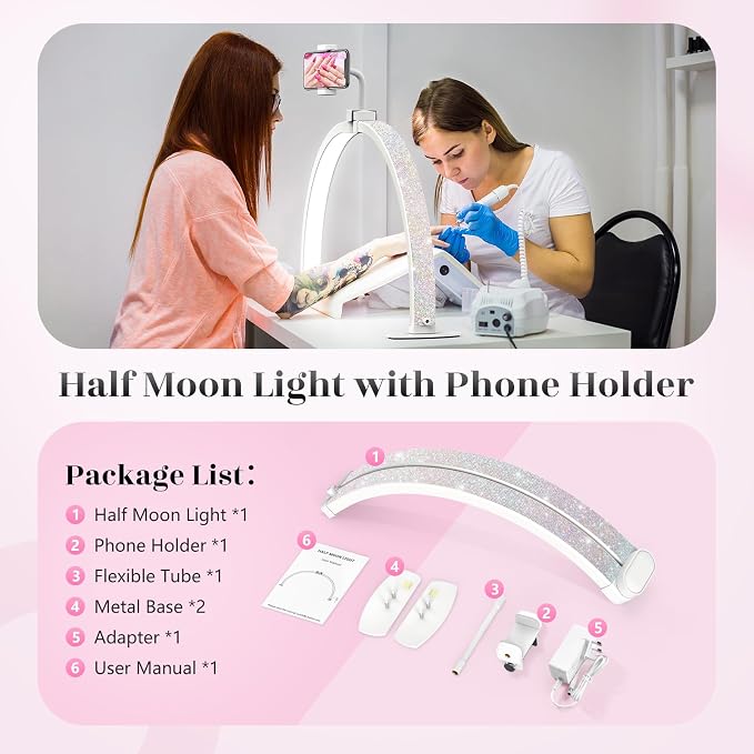 Yokilly Half Moon Light for Nail Desk: 29" Foldable Nail Light for Desk | AB Diamonds Arch Nail Tech Light with Phone Holder for Beginner - 3 Color Modes & 10 Brightness for Manicure Salon
