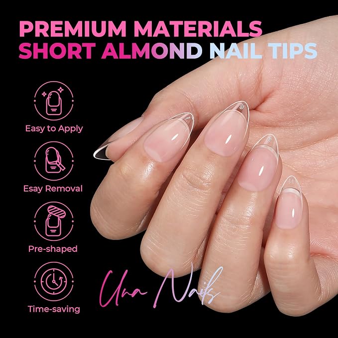 UNA GELLA Short Almond Nail Tips, 510Pcs 15 Sizes Pre-Etched Soft Gel Nail Tips Almond Shape, Half Matte Full Cover Clear Pre-shaped Fake Acrylic Nails Extensions for DIY & Salon Manicure Soak Off
