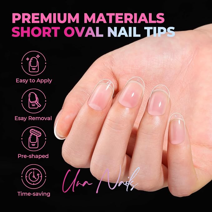 UNA GELLA Short Oval Nail Tips, 510Pcs 15 Sizes Pre-Buffed Full Cover False Nails, No File Needed Inner Matte Soft Gel Nail Tips, Clear PMMA Soak Off Acrylic Nail Extensions for DIY Home Salon