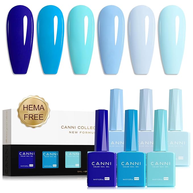 CANNI 9ML Gel Nail Polish Set, 6 Blue Shades UV LED Soak Off Gel Polish | Smooth Application • Highly Pigmented • Glossy Finish • Long-Lasting Wear • Nail Art • Salon DIY Manicure • Easy Application