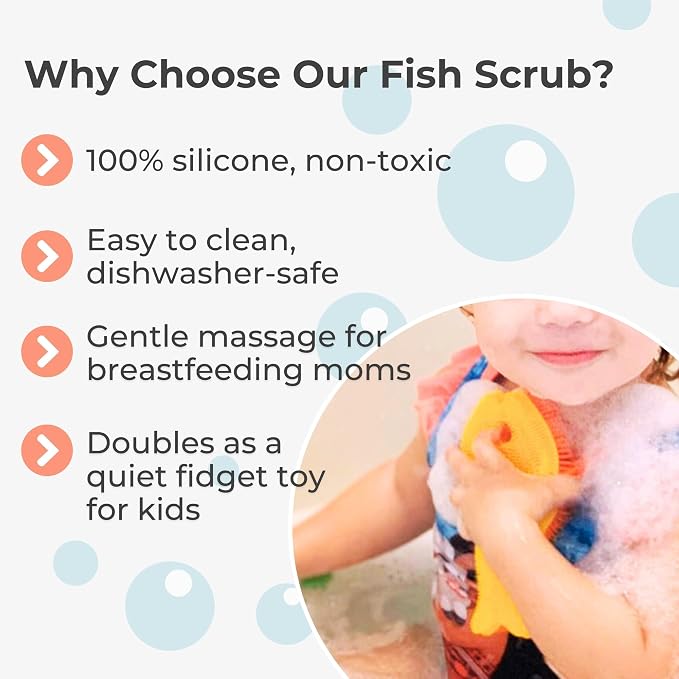 Innobaby Bathin' Smart Silicone Bath Scrub for Babies Toddlers and Adults in Double Sided Sensory Fish Shape, Gently Exfoliate Face and Body, Made with Quick-Dry Food Grade Silicone- Orange/Yellow