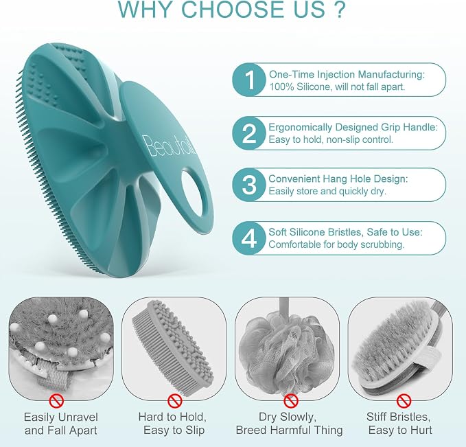 BEAUTAIL Silicone Body Scrubber, Gentle Exfoliating Brush on Sensitive Skin | Soft Shower Scrubber for Body, Hygienic Silicone Loofah, Bathroom Essentials Brush for Women, Men & Kids, 2-Pack, Black+Cyan