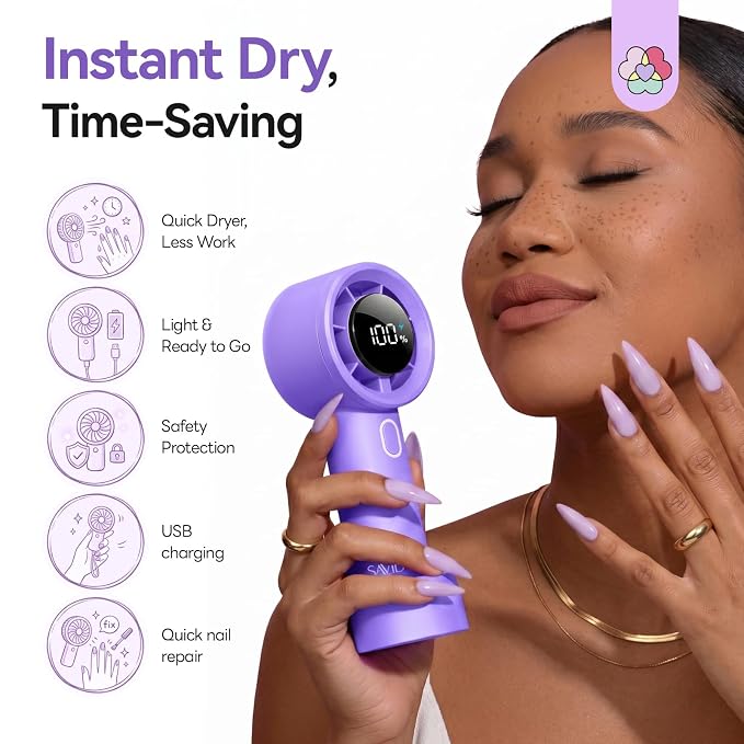SAVILAND 100 Speeds Cordless Drying Air Nail Dehydrator for Regular Polish | Continuous 4 hour operation with overload protection, for DIY home and salon use, 2000mAh battery, for regular polishes