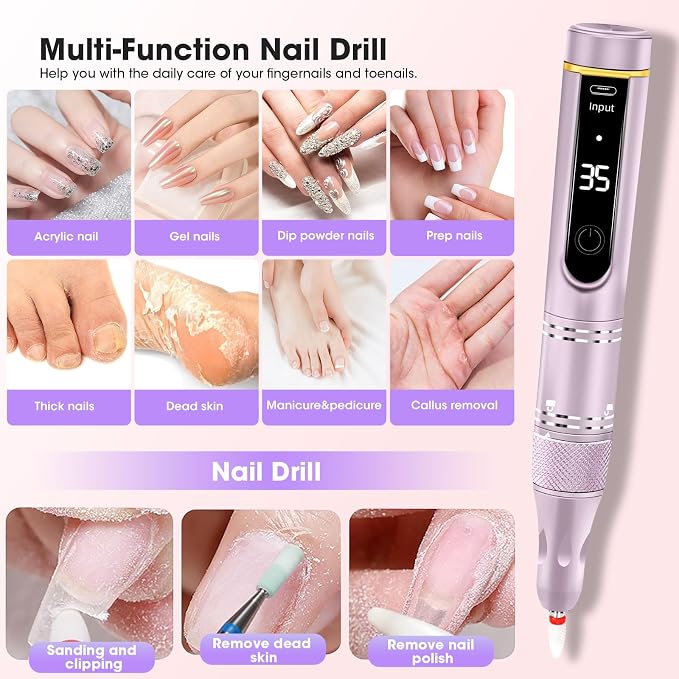 Nail Drill Professional Drill Nails Cordless 35000RPM E Filer for Nails Electric Nail Drill Wireless Nail File Drill Rechargeable Electric Nail File for Acrylic Gel Nails