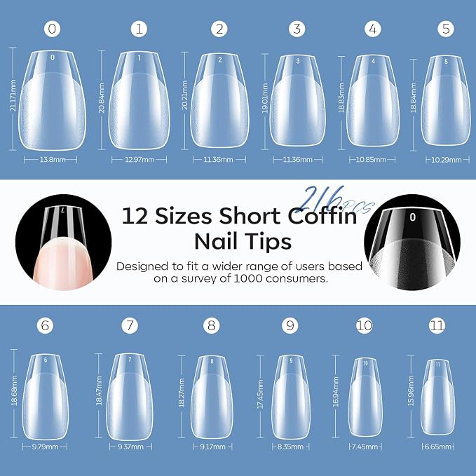 Modelones Short Coffin Nail Tips Pre-shaped Soft Gel Fake Nails False Clear | Acrylic Clear Full Cover Press on Extension Kit Gel Manicure DIY at Home 216PCS 12Sizes