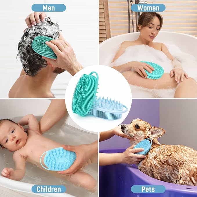 2PCS Silicone Body Scrubber, Blue & Green | Premium Silicone Loofah for Women Men and Kids, Gentle Exfoliating Shower Bath Scrubber for All Kinds of Skin