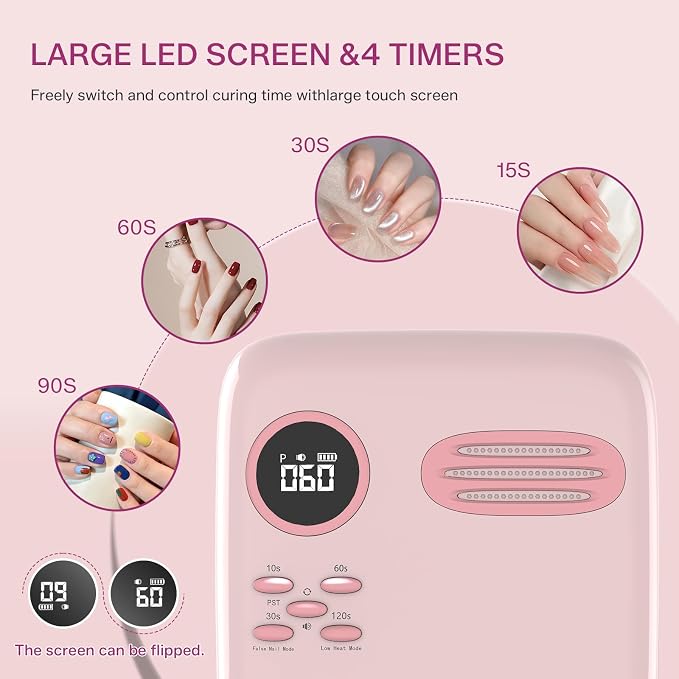 UV LED Nail Lamp for Gel Polish 72W Rechargeable Gel Nail Lamp Cordless Nail Dryer with Replaceable Light Board UV Light for Gel Nails for Home and Salon Use (Light Pink)