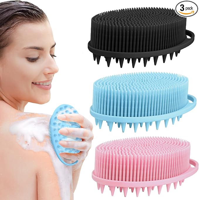 2 in 1 Silicone Body Scrubber Shampoo Brush, Shower Body Scrubber, Silicone Bath Scrubber,Exfoliating Body Scrubber, Scalp Massager, Silicone Loofah Body Scrubber,Rapid Foaming-3 Pack Black,Blue,Pink