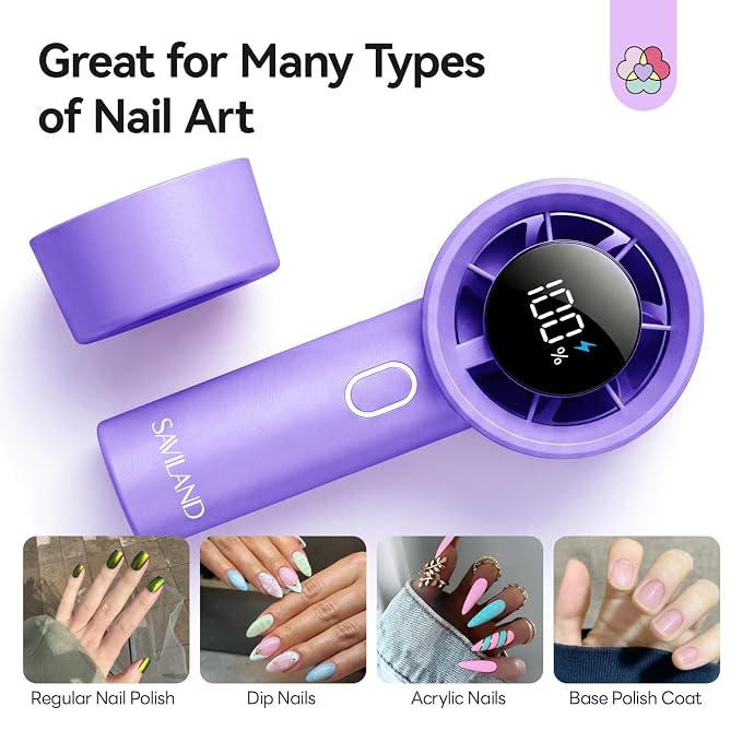 SAVILAND 100 Speeds Cordless Drying Air Nail Dehydrator for Regular Polish | Continuous 4 hour operation with overload protection, for DIY home and salon use, 2000mAh battery, for regular polishes