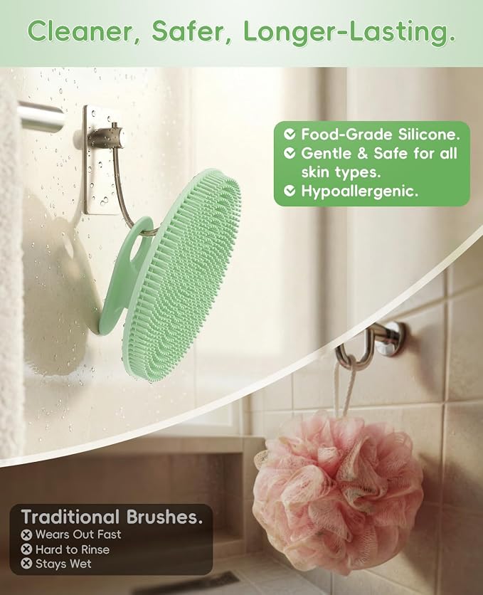 Soft Silicone Shower Brush Body Wash Bath Exfoliating Skin Massage Scrubber | 2 Pack Dry Skin Brushing Glove Loofah, Fit for Sensitive and All Kinds of Skin(Mint+Black)