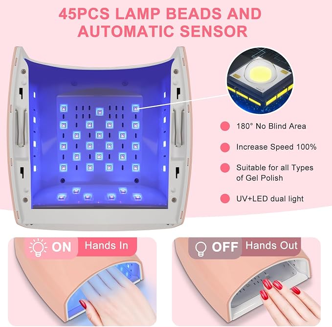 Cordless UV Nail Lamp, 96W UV LED Nail lamp for Gel Polish & Acrylic Nails, Fast Curing Nail Light with 4 Timers, Detachable Base, Auto Sensor, 45 LED Beads, Salon & Home Use (Pink)