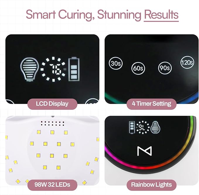 M - HaloLite LED Nail Curing Lamp 98W, 32 LEDs, Wireless Rechargeable with 5200mAh Battery, Fast UV/LED Gel Nail Dryer for Salon & Home Use, Long-Lasting, Portable, Cordless Design (White)