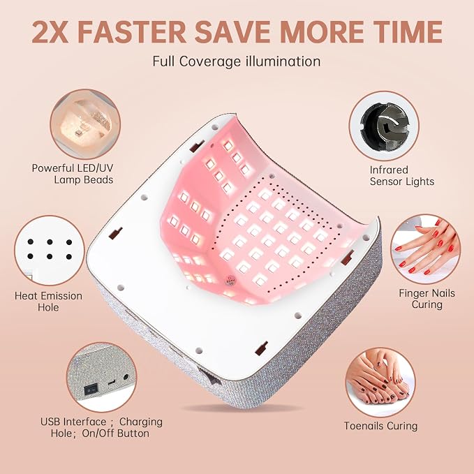 96W UV LED Nail Lamp Cordless Nail Dryer for Gel Polish | Rechargeable UV Light for Gel Nails Quick Dry Curing with Large LCD Display, with 3 Timer Setting Auto Sensor for Salon&Home