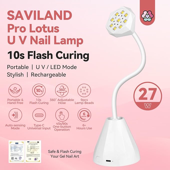 SAVILAND 27W U V Light for Gel Nails: Smart Sensor U V Gels X Lamp 10s Flash Cure Intellisense Gooseneck U V Lamp for Gel Nails Mini Fast Dry LED Quick Dry Nail Dryer Artist Travel Home Use