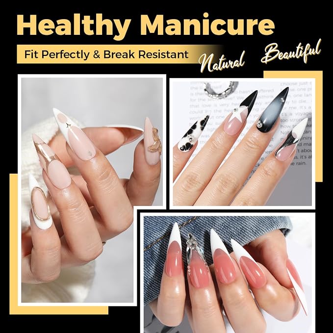 UNA GELLA Long Stiletto Gel Nail Tips 600Pcs Long Stiletto Almond Nail Tips | Pre Etched Clear Fake Nails Press on Nails No C Curve for DIY Art Salon at Home 12 Sizes