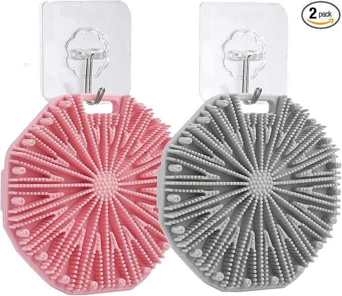 2Pcs Silicone Body Scrubber,Exfoliating Body Scrubbers for use in Shower,Silicone Body Brush for Showering and Anti-Slippery Handles for All Skin Types,Eco Friendly Shower Scrubber for Body（Pink+Grey）